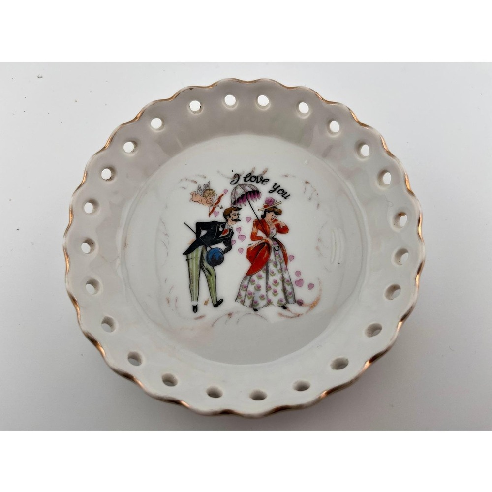Vintage Japan Trinket Dish Unisex Small White Good Victorian Couple I Love You